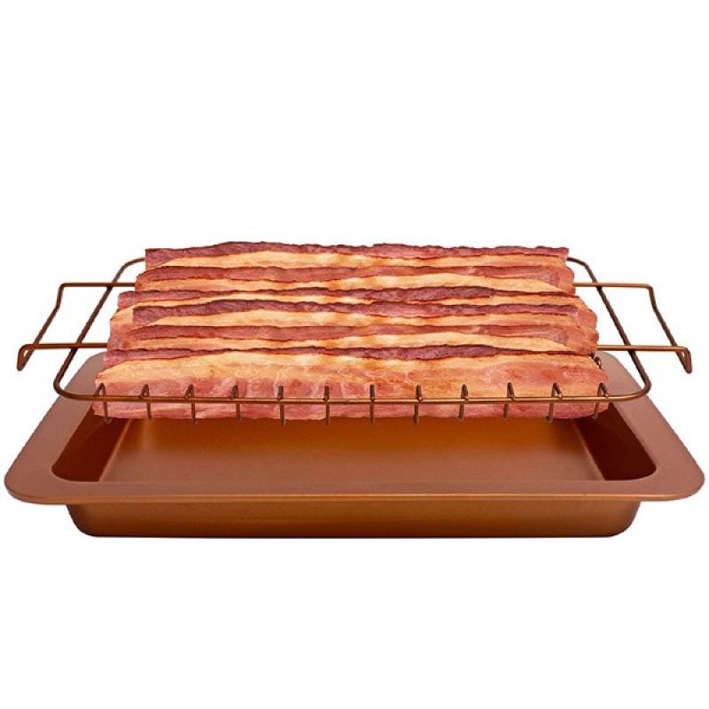 Tapadásmentes szalonna sütőtálca serpenyő, csepegtető tálcával   Bacon Bonanza Copper