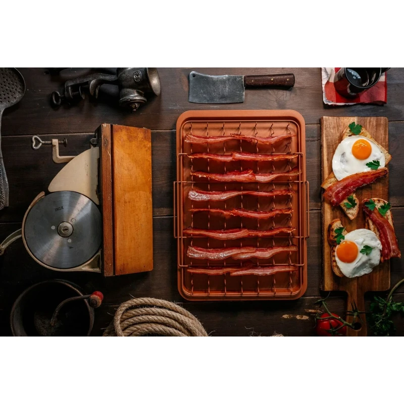 Tapadásmentes szalonna sütőtálca serpenyő, csepegtető tálcával   Bacon Bonanza Copper
