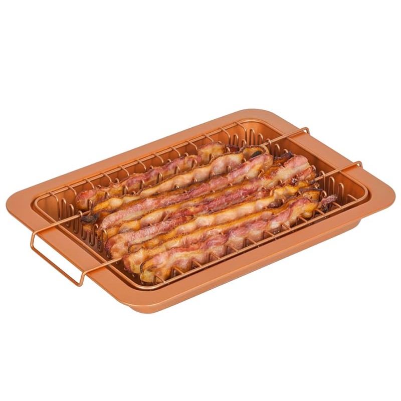 Tapadásmentes szalonna sütőtálca serpenyő, csepegtető tálcával   Bacon Bonanza Copper