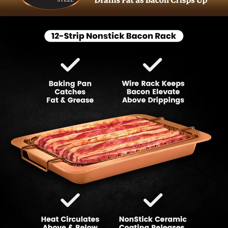 Tapadásmentes szalonna sütőtálca serpenyő, csepegtető tálcával   Bacon Bonanza Copper