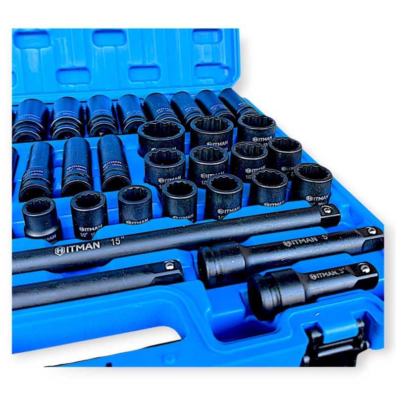 Hitman HA-2581 Erősített 1/2" 12 lapfejű dugókulcs készlet – prémium fekete kivitel