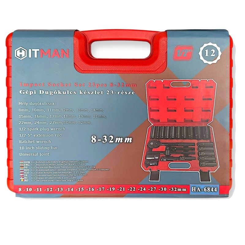 Hitman HA-6844 1/2" Gépi Dugókulcs készlet – 23 részes, 12 lapfejű kivitel