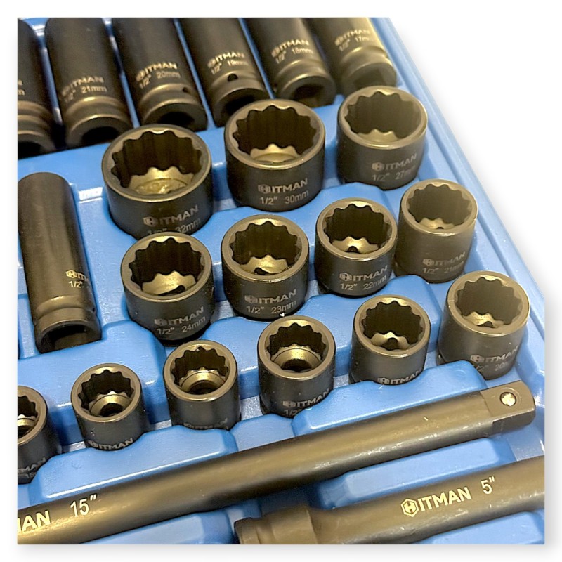 Hitman HA-2581 Erősített 1/2" 12 lapfejű dugókulcs készlet – prémium fekete kivitel