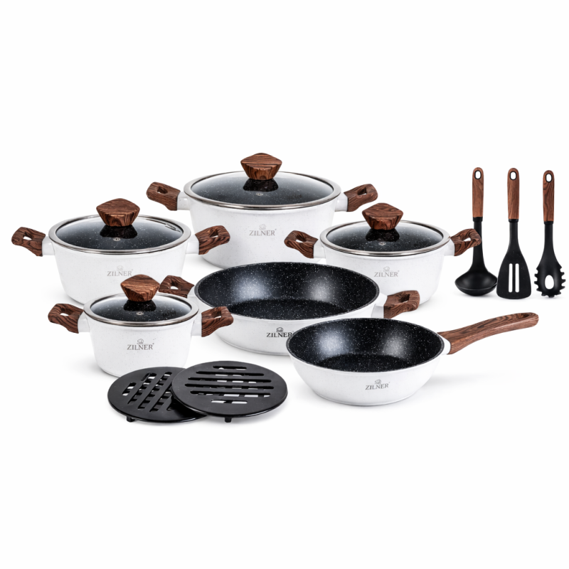 Zilner Kerámia Bevonatos Edénykészlet Üveg Fedővel – 15 Részes Elegáns Fehér