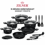 Zilner Kerámia Bevonatos Edénykészlet Üveg Fedővel – 15 Részes Gránit Fekete