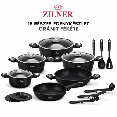 Zilner Kerámia Bevonatos Edénykészlet Üveg Fedővel – 15 Részes Gránit Fekete