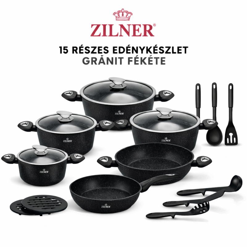 Zilner Kerámia Bevonatos Edénykészlet Üveg Fedővel – 15 Részes Gránit Fekete