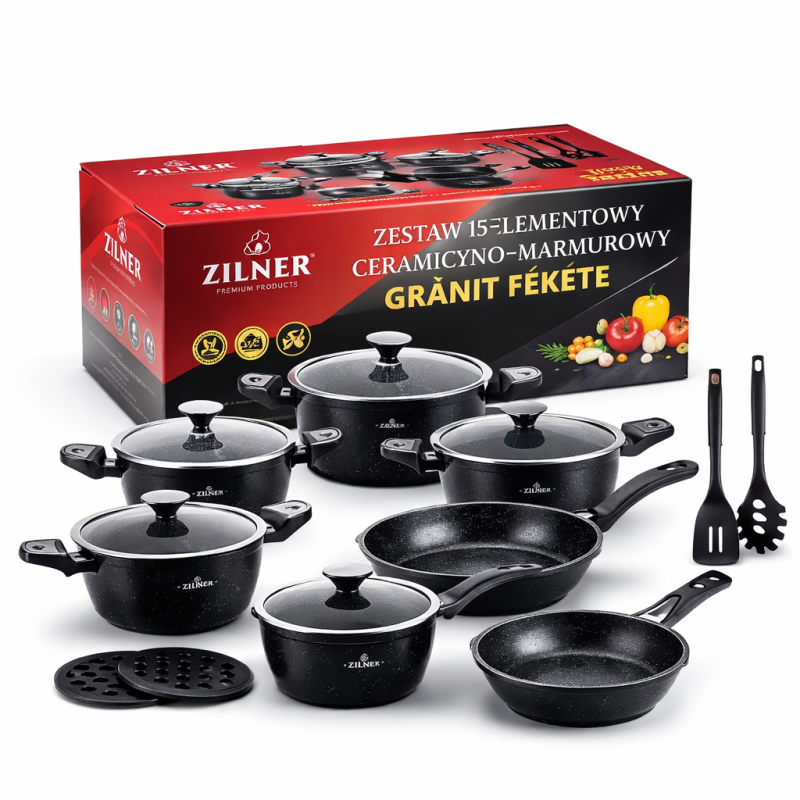 Zilner Kerámia Bevonatos Edénykészlet Üveg Fedővel – 15 Részes Gránit Fekete