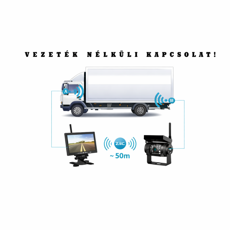 Vezeték nélküli tolatókamera szett 12/24V – 7” monitorral, éjjellátó funkcióval (IP67)