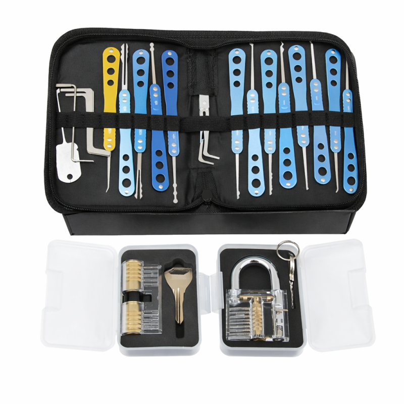 18 darabos zárnyitó (lockpick) készlet – kezdőknek és haladóknak | Locksport szett átlátszó gyakorló zárakkal