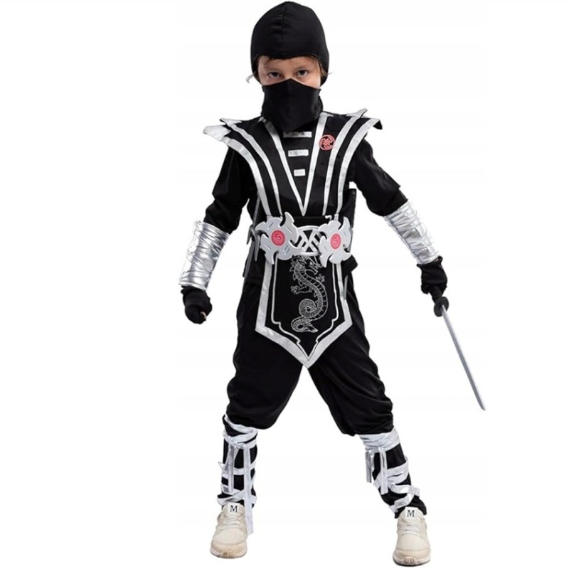 Ninja harcos jelmez fiúknak – fekete-ezüst szett fegyverekkel