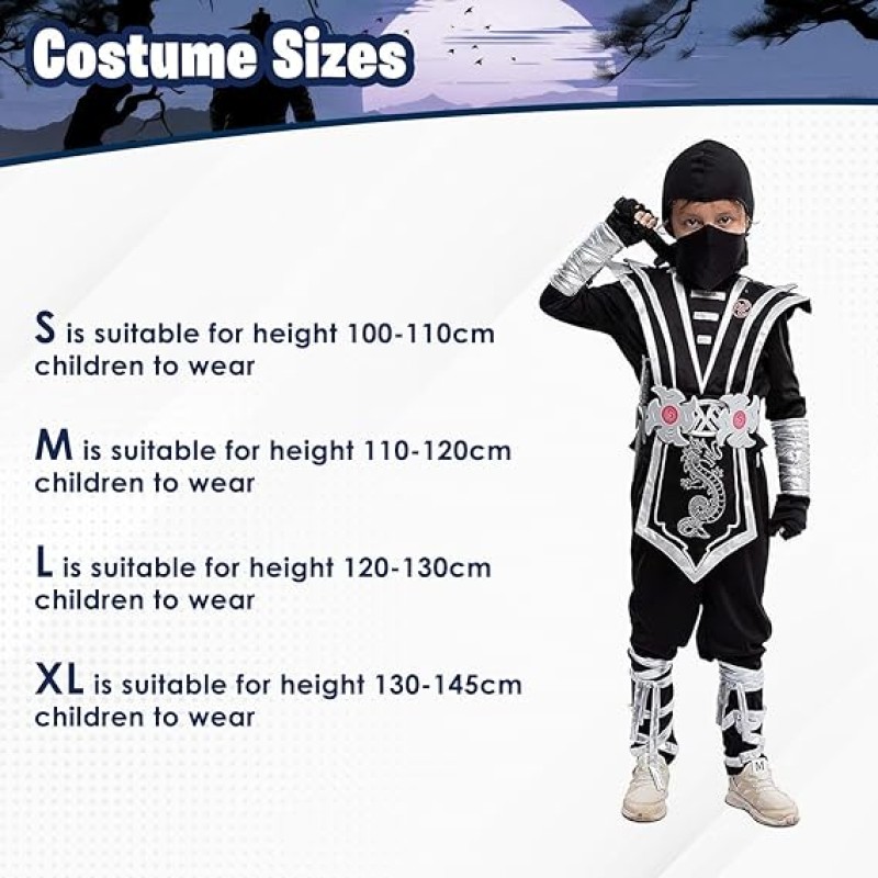 Ninja harcos jelmez fiúknak – fekete-ezüst szett fegyverekkel