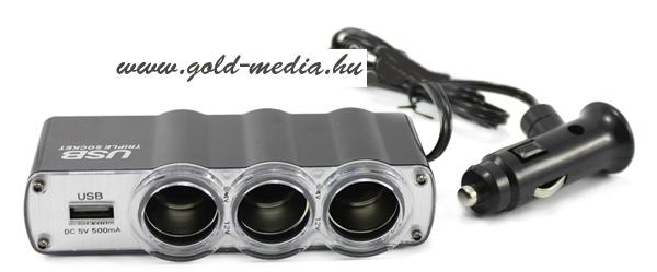 Szivargyújtó elosztó 3-as + USB ( IN -CAR USB TRIPLE SOCKET 4in1 ) MOUNT 12V/24V, WF-0120