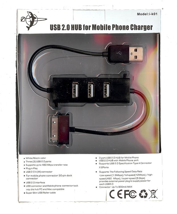 USB 2.0 HUB For Mobile phone Charger ( 3 port ) iPhone 4 black  i-K01