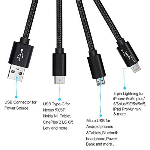 Multi USB kábel  (1 M) 3 in 1 USB töltőkábel 8 Pin Lightning, USB C, Micro USB töltő csatlakozó az Android és iPhone okostelefonok, iPad tabletta - Nylon Fonott (fekete)