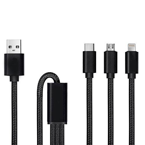 Multi USB kábel  (1 M) 3 in 1 USB töltőkábel 8 Pin Lightning, USB C, Micro USB töltő csatlakozó az Android és iPhone okostelefonok, iPad tabletta - Nylon Fonott (fekete)