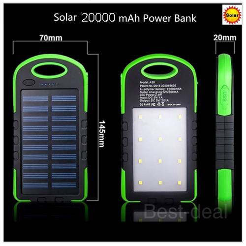 Power Bank 20000mAh Dual USB Napelemes, 6 LED-es ( External Solar Battery )