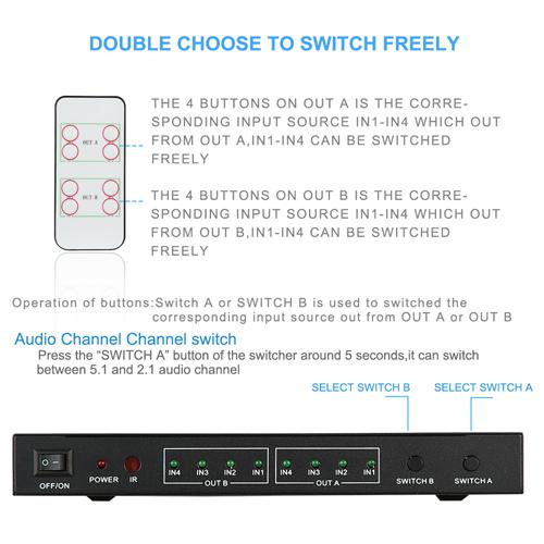 HDMI Matrix Switch 4x2 4K*2K , 3D 1080P V1.4 for HDTV XBOX DVD PS3 Projector