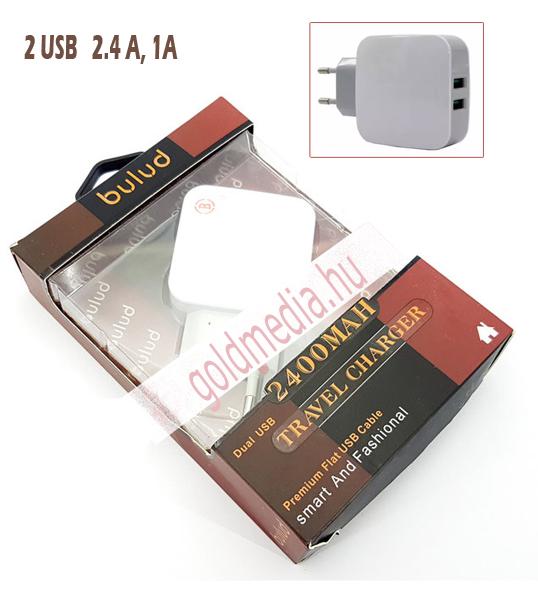 USB hálozati töltő adapter AC   2 USB  ( 2 USB : 2.4 A , 1 A ) buludo