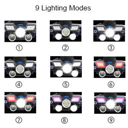 Multifunkciós fejlámpa, 5+1 fényforrással 13000LM legfényesebb, 21 LED 9 üzemmód