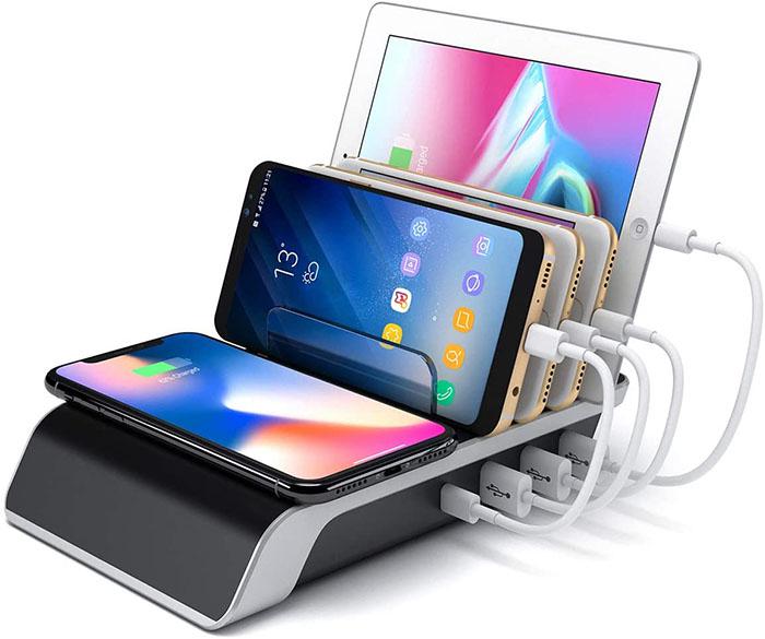 USB töltőállomás dokkoló 4port / 3USB 1 type C /, vezetéknélküli töltéssel állványos töltőállomás