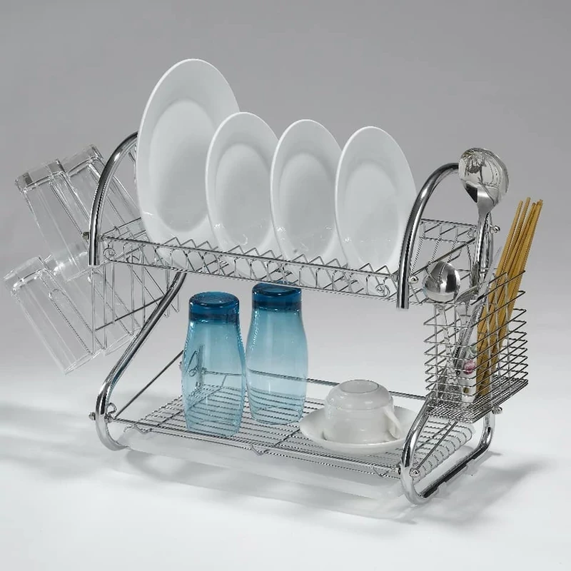 Fém edényszárító műanyag csepegtető tálcával – 2 szintes, ezüst