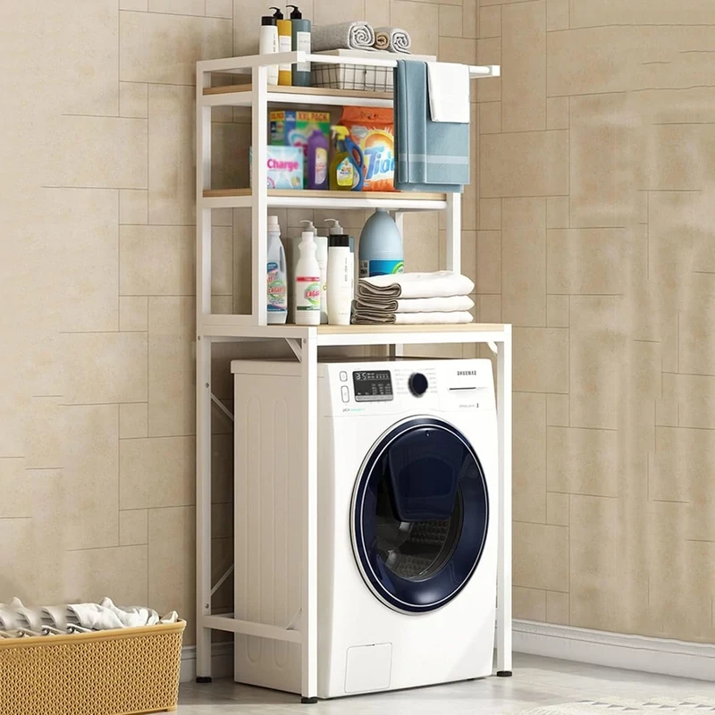 3 szintes masszív fém fürdőszobai polcrendszer mosógép fölé fa polcokkal, fehér – 175 cm