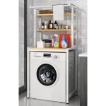 3 szintes masszív fém fürdőszobai polcrendszer mosógép fölé fa polcokkal, fehér – 175 cm