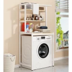 3 szintes masszív fém fürdőszobai polcrendszer mosógép fölé fa polcokkal, fehér – 175 cm