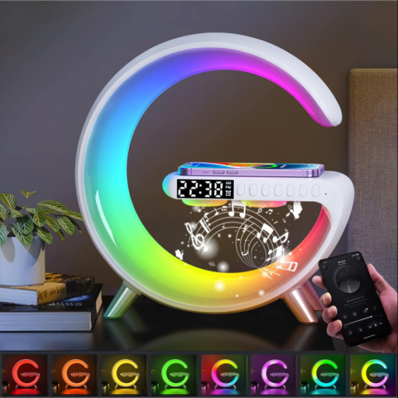 Multifunkciós szórakoztató állomás – Bluetooth hangszóró, vezeték nélküli töltő, RGB LED party fény és éjszakai lámpa – 10W