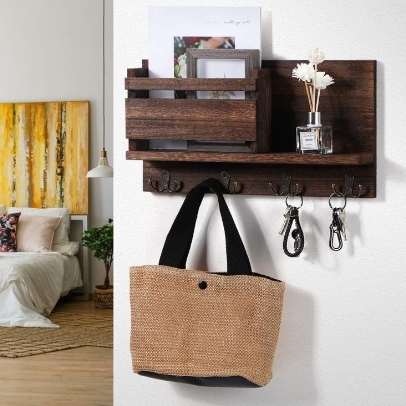 Elite Home® falra szerelhető rusztikus fa kulcs- és irattartó