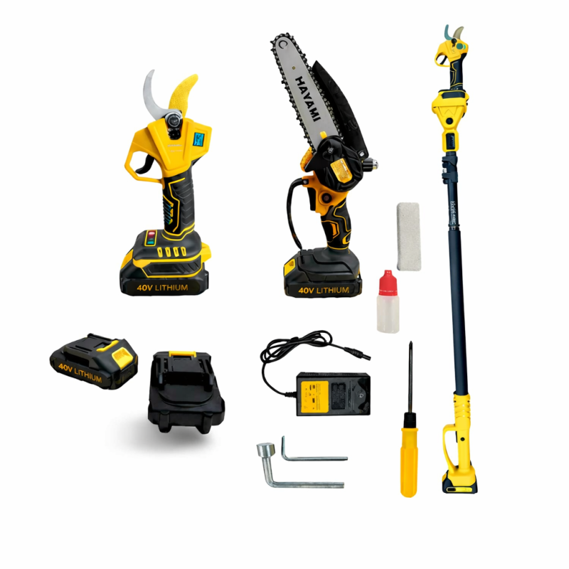 Hayami 3 az 1-ben akkumulátoros kerti szett - magassági ágvágó láncfűrész és metszőolló, teleszkópos nyél HA-1008-1