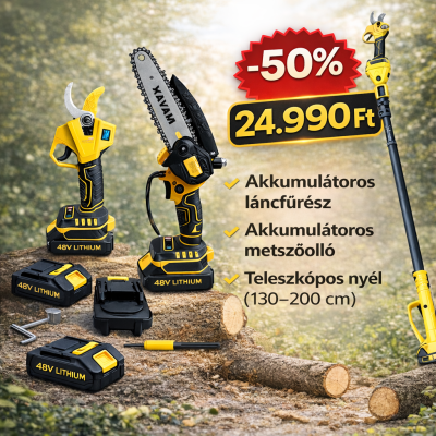 Hayami 3 az 1-ben akkumulátoros kerti szett - magassági ágvágó láncfűrész és metszőolló, teleszkópos nyél HA-1008-1