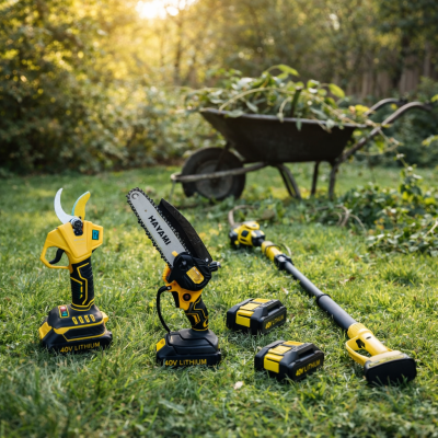 Hayami 3 az 1-ben akkumulátoros kerti szett - magassági ágvágó láncfűrész és metszőolló, teleszkópos nyél