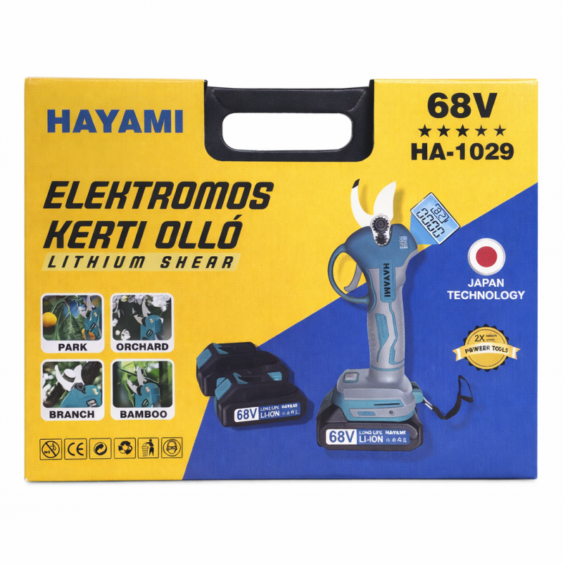 Akkumulátoros metszőolló, 2 db 68 V akkumulátorral, dobozban- HAYAMI HA-1029