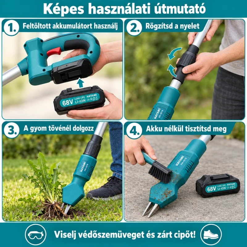 Hayami HA-1076 akkumulátoros gyomkiszedő – 68V, 2 akkumulátorral, türkiz-fekete