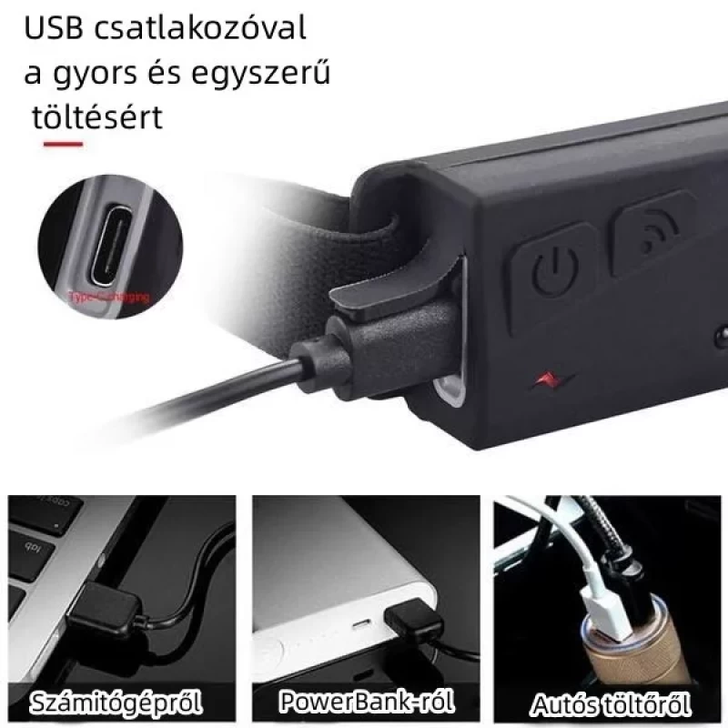 ÚJRATÖLTHETŐ COB LED-ES FEJLÁMPA, SZUPERFÉNYES COB és XPE LED 10W 350LM 1200mAh Mozgásérzékelős