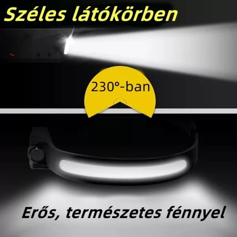 ÚJRATÖLTHETŐ COB LED-ES FEJLÁMPA, SZUPERFÉNYES COB és XPE LED 10W 350LM 1200mAh Mozgásérzékelős