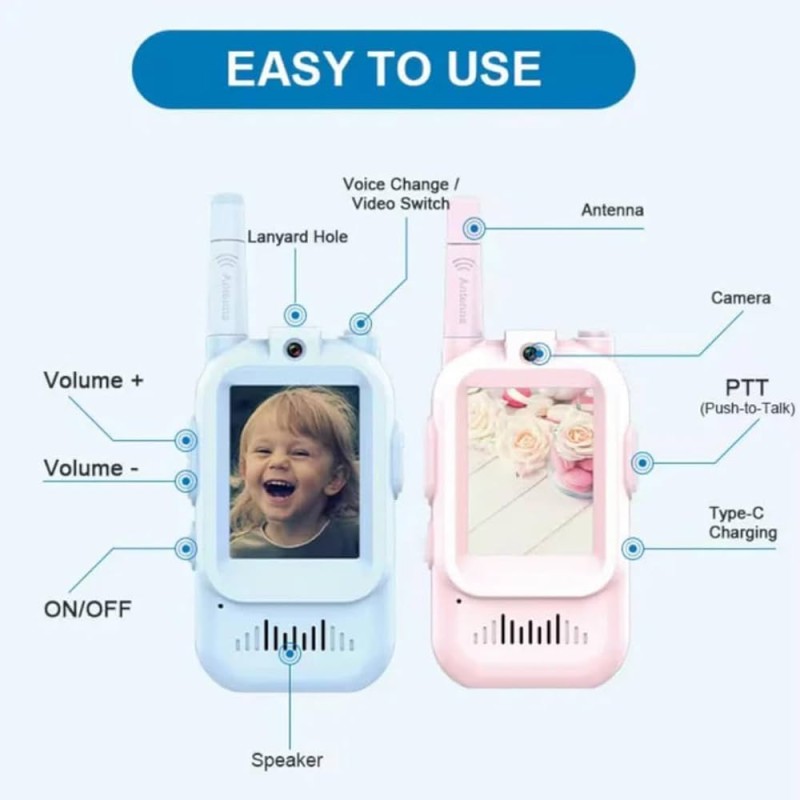 Gyerek Videó Walkie-Talkie – 2 állomásos készlet (rózsaszín + kék)