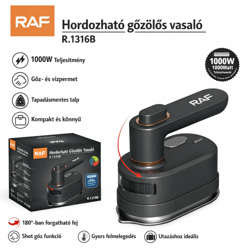 Hordozható gőzölős vasaló – 1000W, 180°-ban forgatható fej - RAF R.1316B