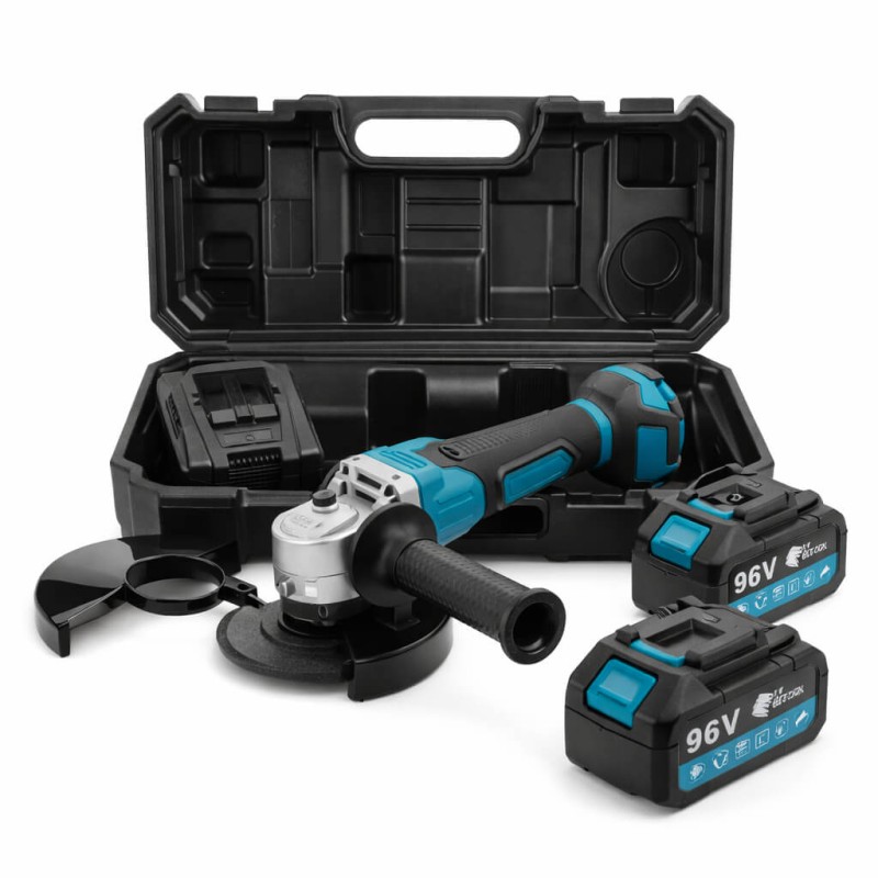 Rextool dupla akkumulátoros sarokcsiszoló – 96V, komplett szett hordtáskában