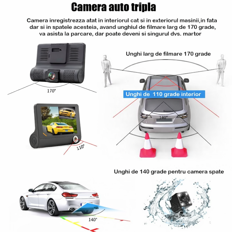 CAROVR fedélzeti kamera rendszer - 3 Kamerás Autós Menetrögzítő Kamera – Full HD 1080P, Tolatókamera, Éjjellátás