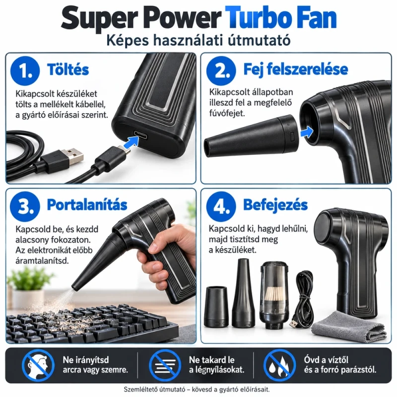 Super Power Turbo Fan akkumulátoros kézi légfúvó – 4000 mAh, fekete/grafitszürke