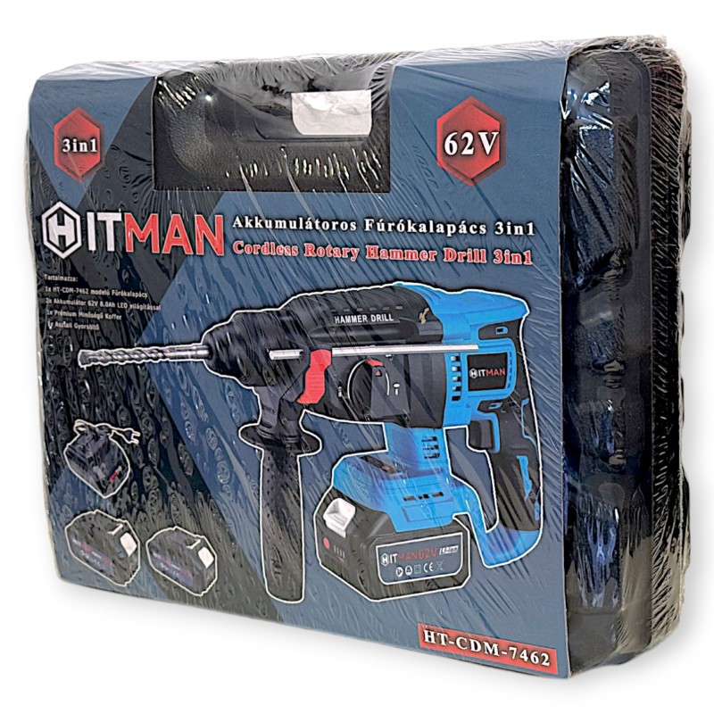Hitman HT-CDM-7462 3 funkciós fúró-kalapács 62 V SDS Plus rendszerrel két akkuval és töltőkkel