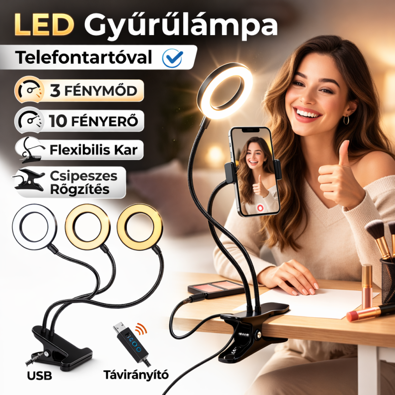 Professional Live Stream S9 LED körlámpa telefontartóval (csíptetős)