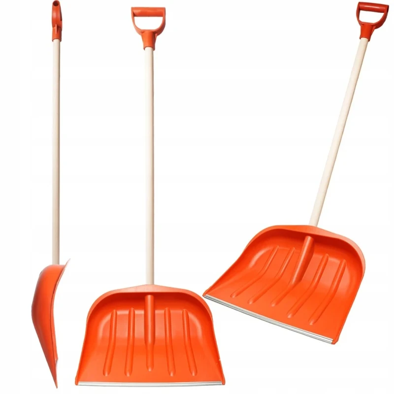 Narancssárga hólapát fém éllel és fa nyéllel – nagy méretű hóeltakarításhoz