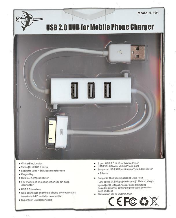 USB 2.0 HUB For Mobile phone Charger ( 3 port ) iPhone 4 White i-K01