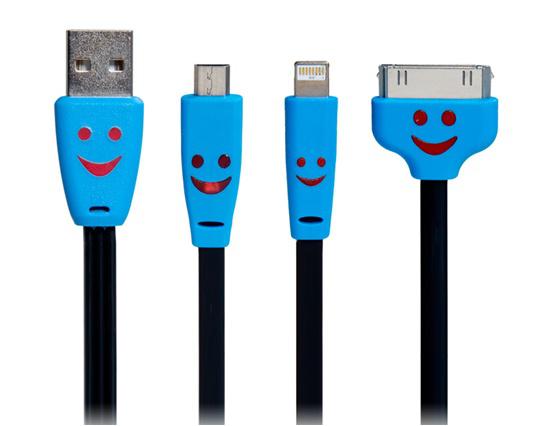 USB 3-in-1 Smiley Face LED Flashing Flat Charging Data Cable for iPhone, iPad & Samsung