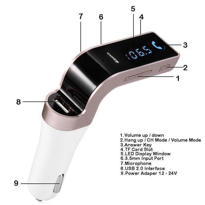 CAR G7 Bluetooth autós FM Transmitter MP3 lejátszó / Kihangosítás / USB töltő / TF Ezüst