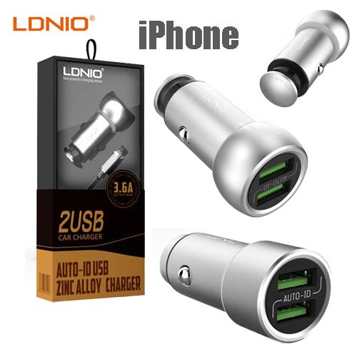 Dual Port USB autós töltő 3.6A  + USB kábel Lightning ( LDNIO C401 ) cink ötvözet iPhone